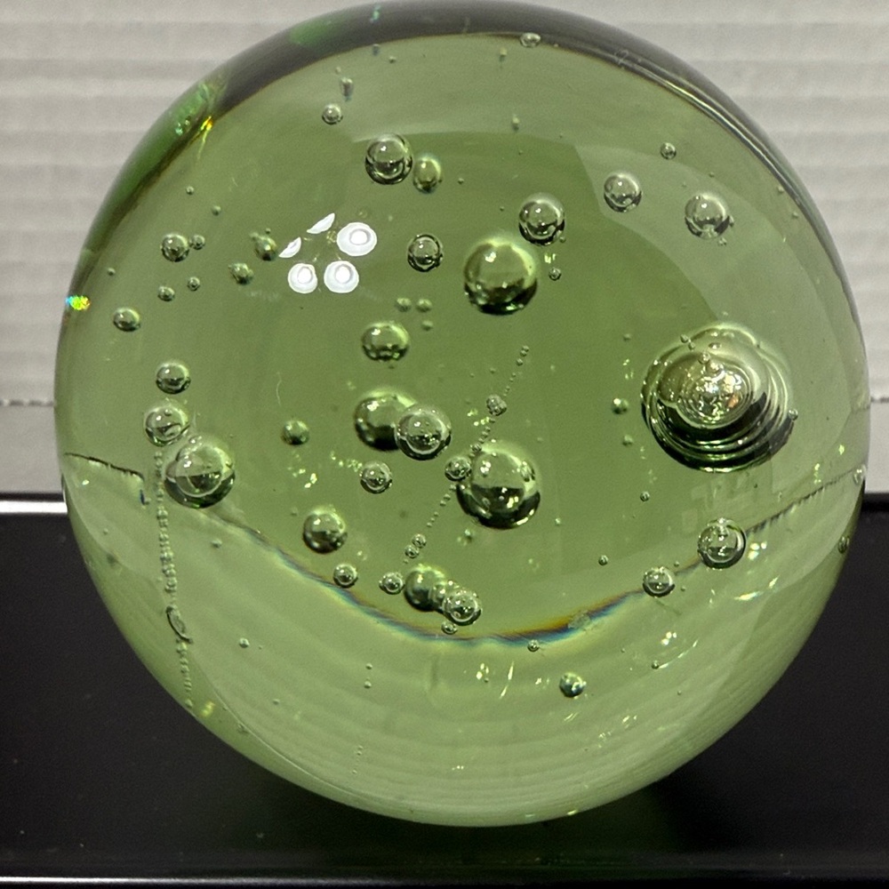 Green Clear Art Glass Sphere Round Large Paperweight with Bubbles Flat Bottom